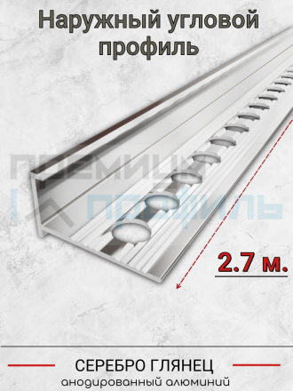 Алюминиевый Г-образный профиль для плитки 12мм ПО-203 серебро/глянец 2.7м.