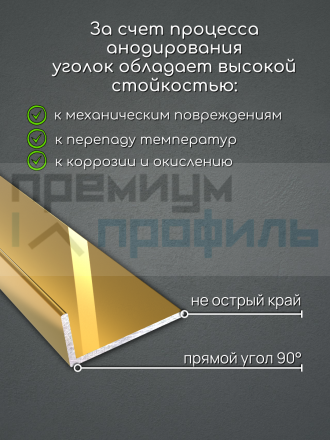 Алюминиевый анодированный декоративный уголок ПН-30х15мм золото/глянец длина 2,7 м.