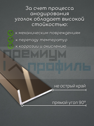 Алюминиевый анодированный декоративный уголок ПН-30х15мм бронза/глянец длина 2,7 м.